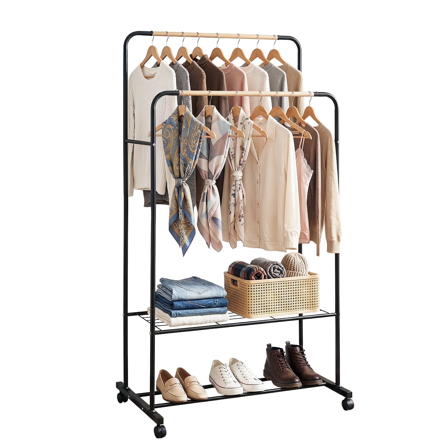 Clothes Rack with Double Rod and Storage Shelves – Metal Frame, Black and Wood Finish