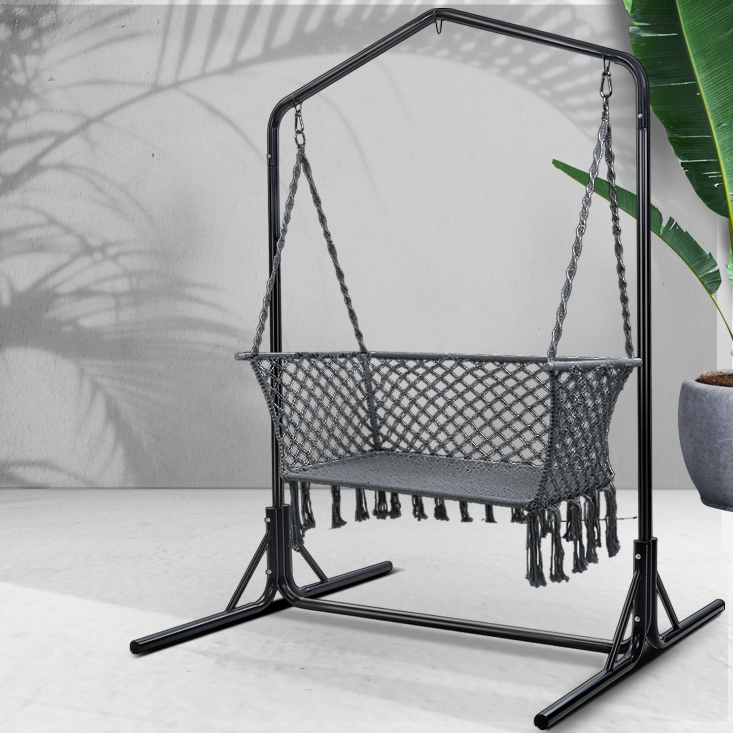 Hammock Chair with Stand – Handmade Macrame, 2-Seater Grey