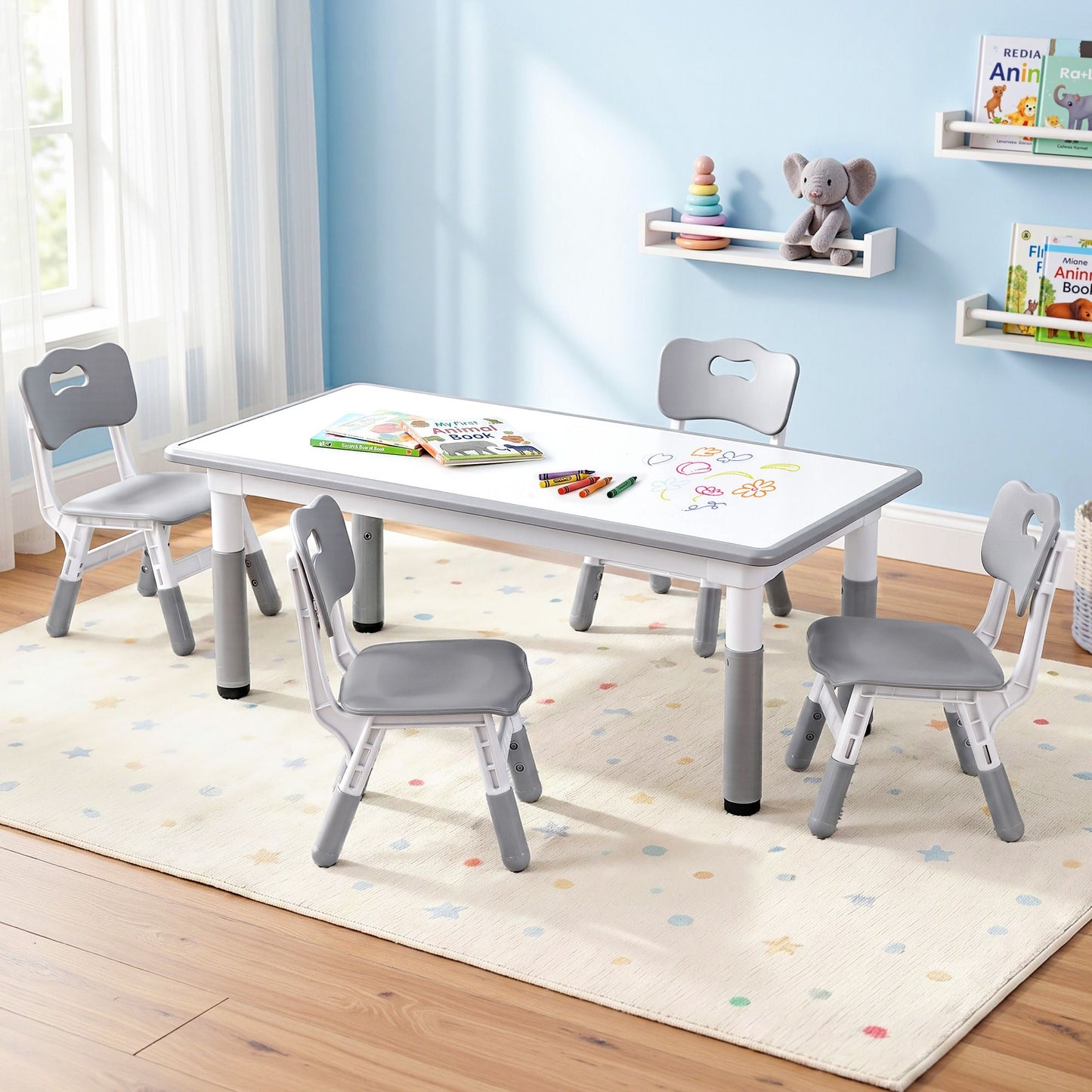 Kids Table and 4 Chairs Set – Height Adjustable with Graffiti Desktop, Grey