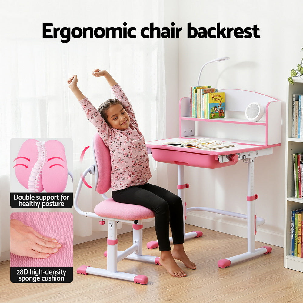 Kids Adjustable Ergonomic Study Desk and Chair Set with LED Lamp – Pink