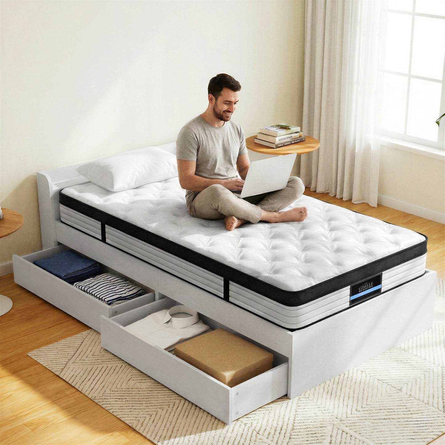 Giselle Single Mattress with 5-Zone Pocket Springs and Wooden Storage Bed Frame Set