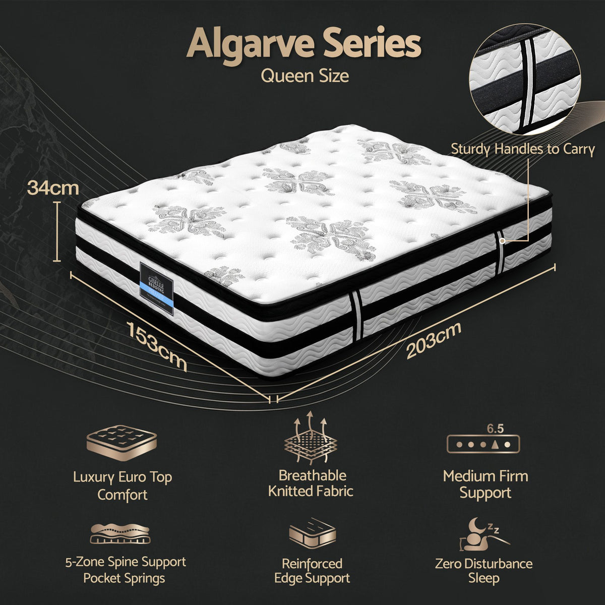 Giselle Bedding Euro Top Mattress – 34cm Medium Firm, Queen Size