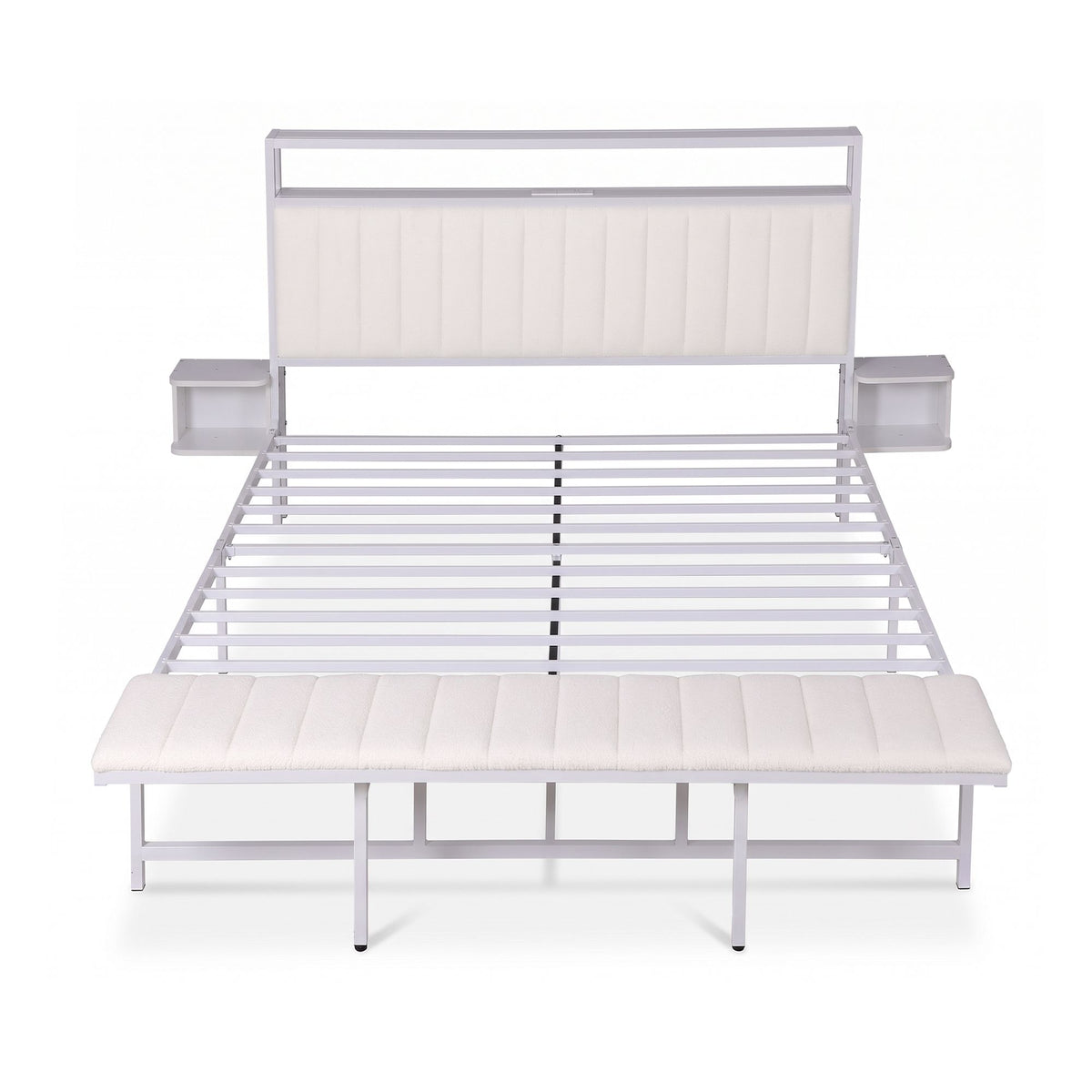TWSC King Metal Bed Frame Boucle Headboard Charging Station Side Table White