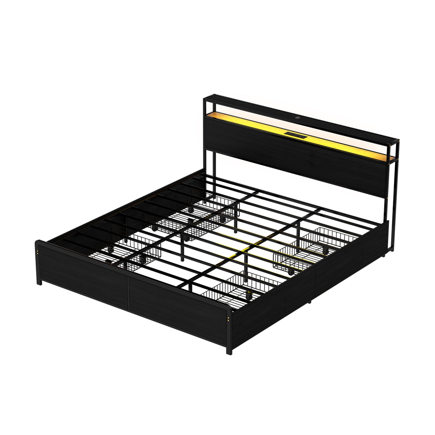 Metal Bed Frame with LED Headboard, Storage Drawers & Charging Station – King Size, Black