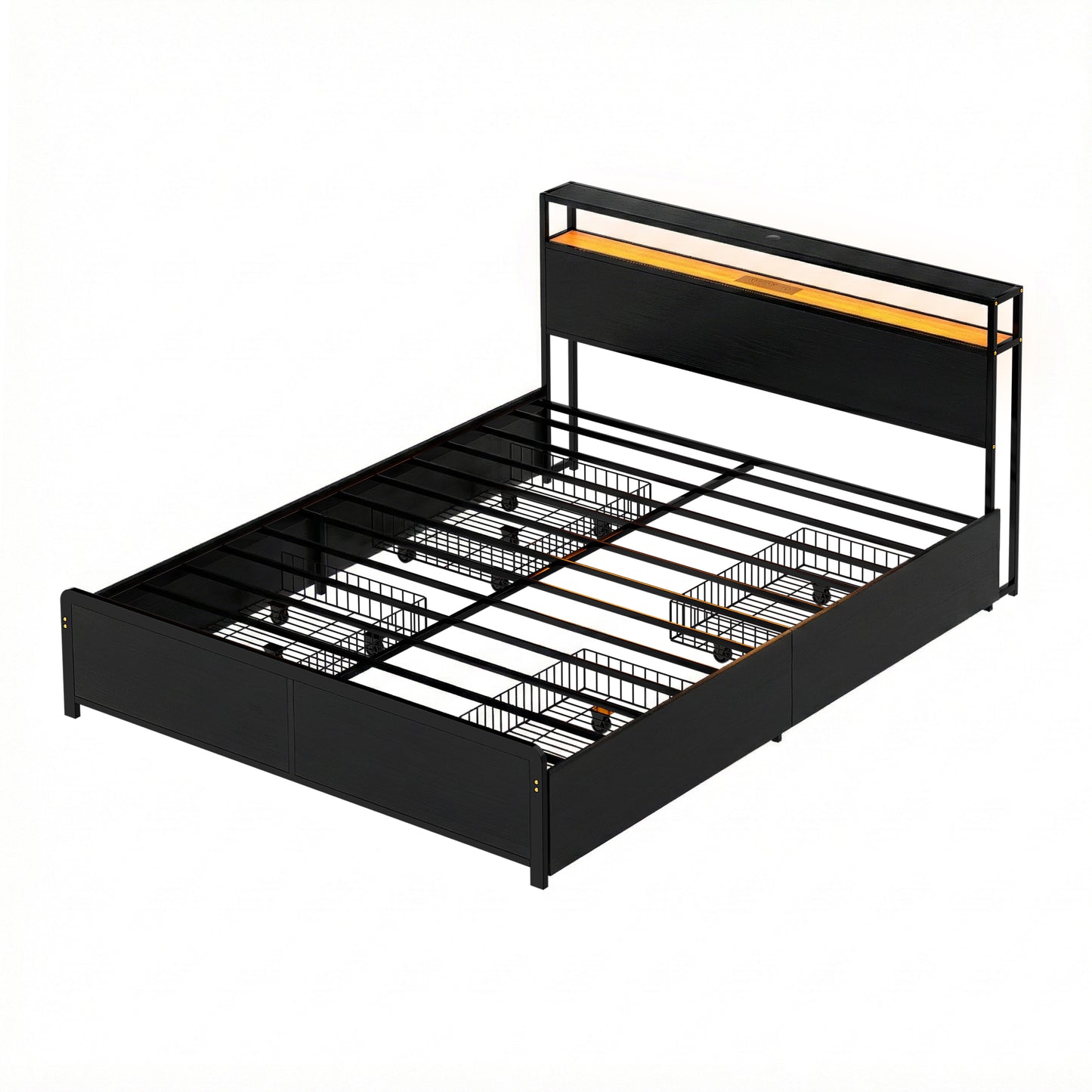 Metal Bed Frame with LED Headboard, Storage Drawers & Charging Station – Queen Size, Black
