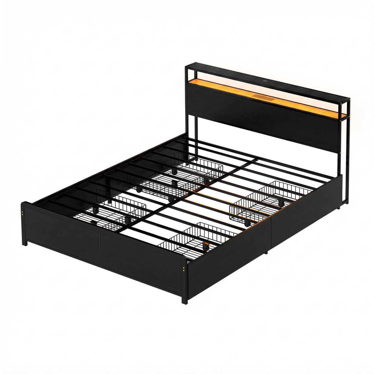 TWSC Metal Bed Frame Queen Size Storage Headboard Charge Station LED 4 Drawers