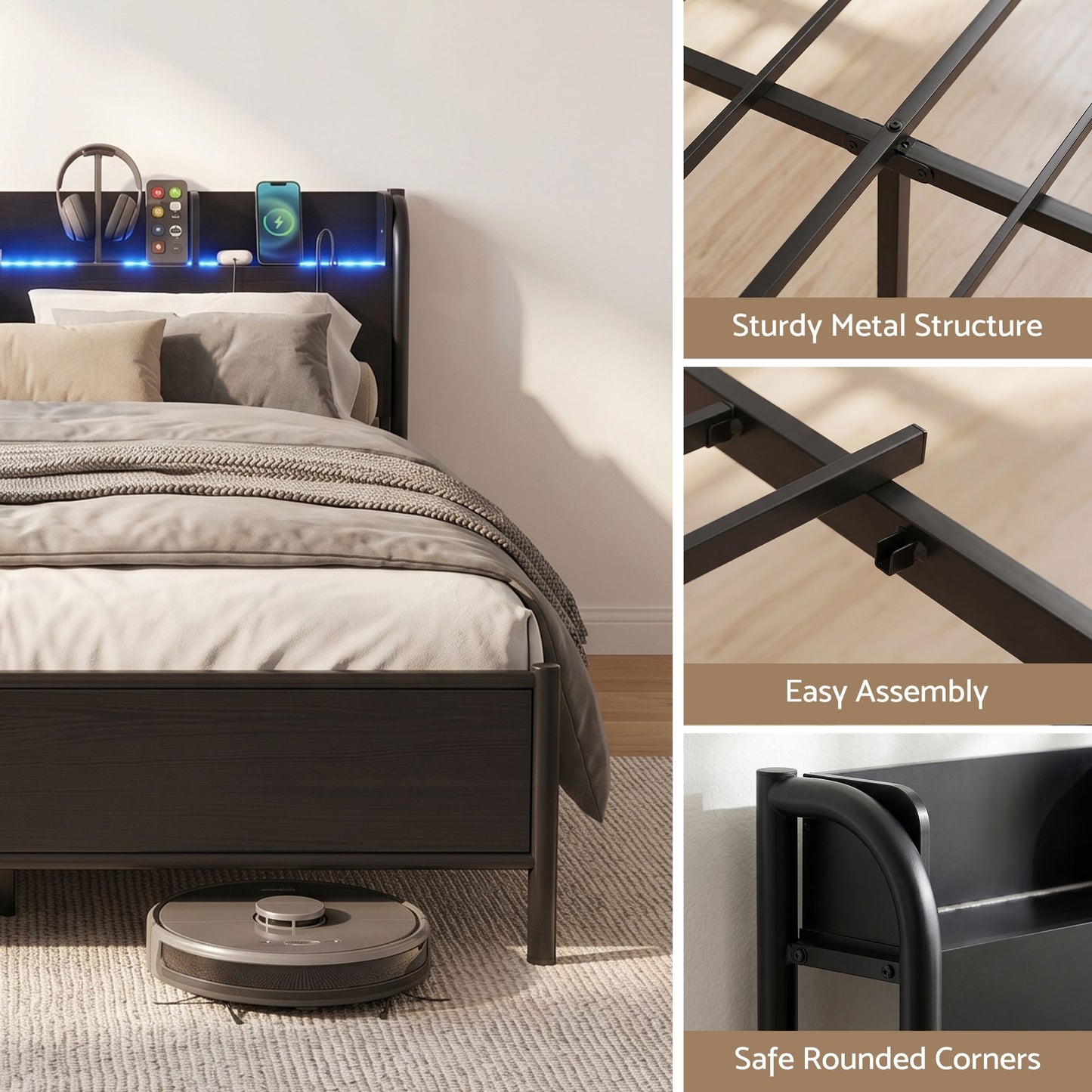 TWSC Bed Frame Double Size with Storage Shelf Headboard Charging Station GRID