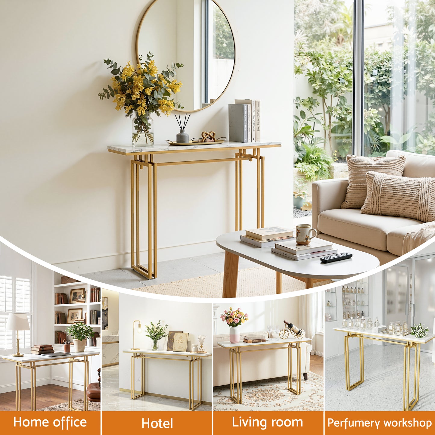 Console Table – Marble Effect, White & Gold, 110cm