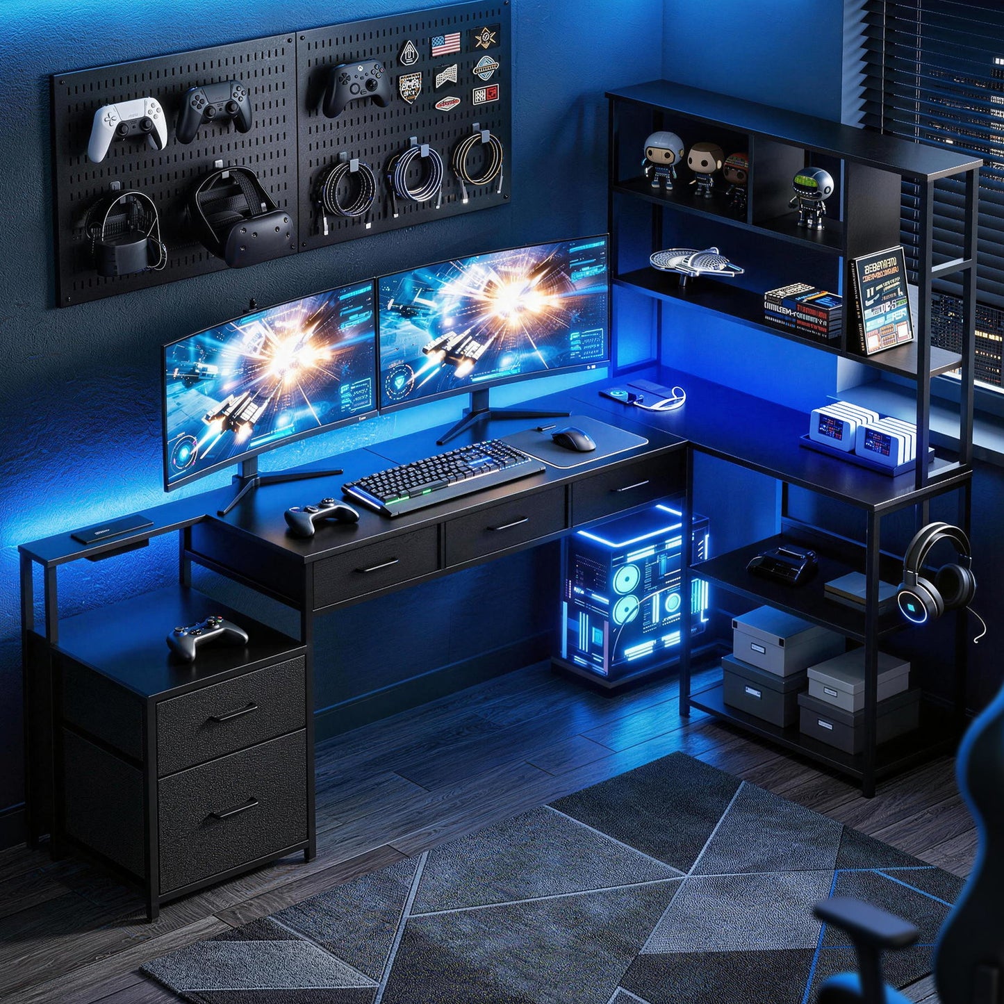L-Shaped Gaming Desk with LED Lights and Power Outlets – 200cm, Black