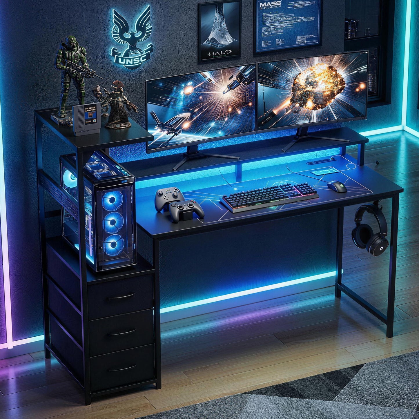 TWSC 145cm L Shaped Gaming Desk Computer Desk with LED Lights & Power Outlets