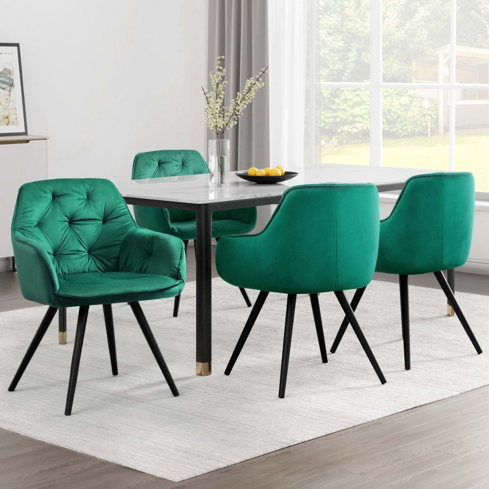 Dining Chairs Set of 4 – Velvet Diamond Tufted, Green with Armrests