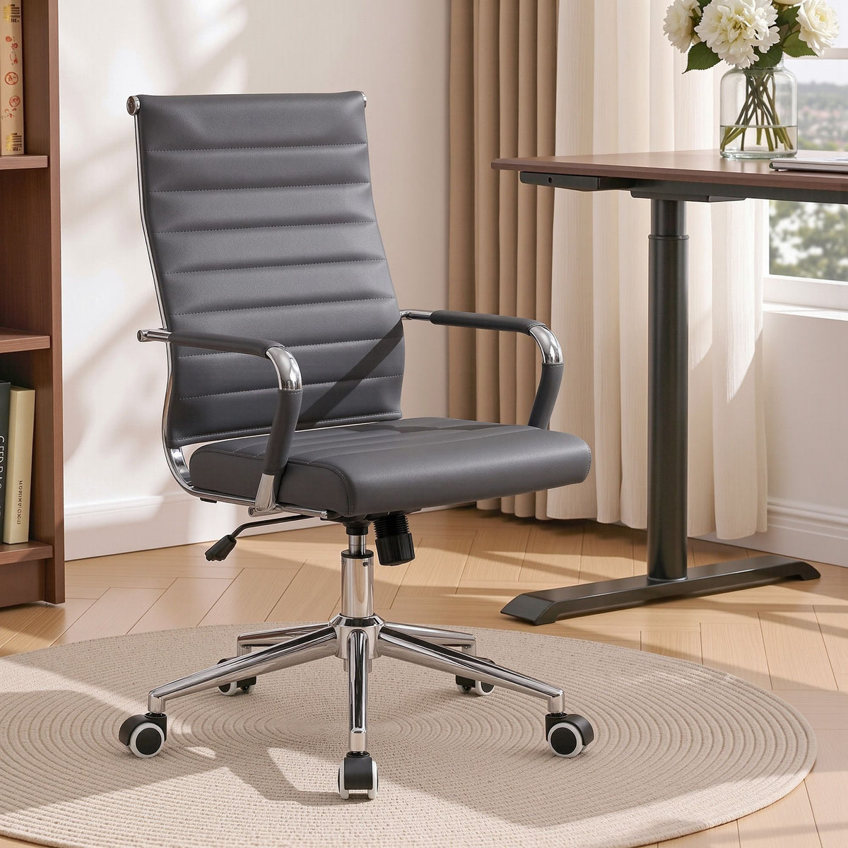 TWSC Ribbed High-Back Office Chair – Grey — office chair in a desk setting