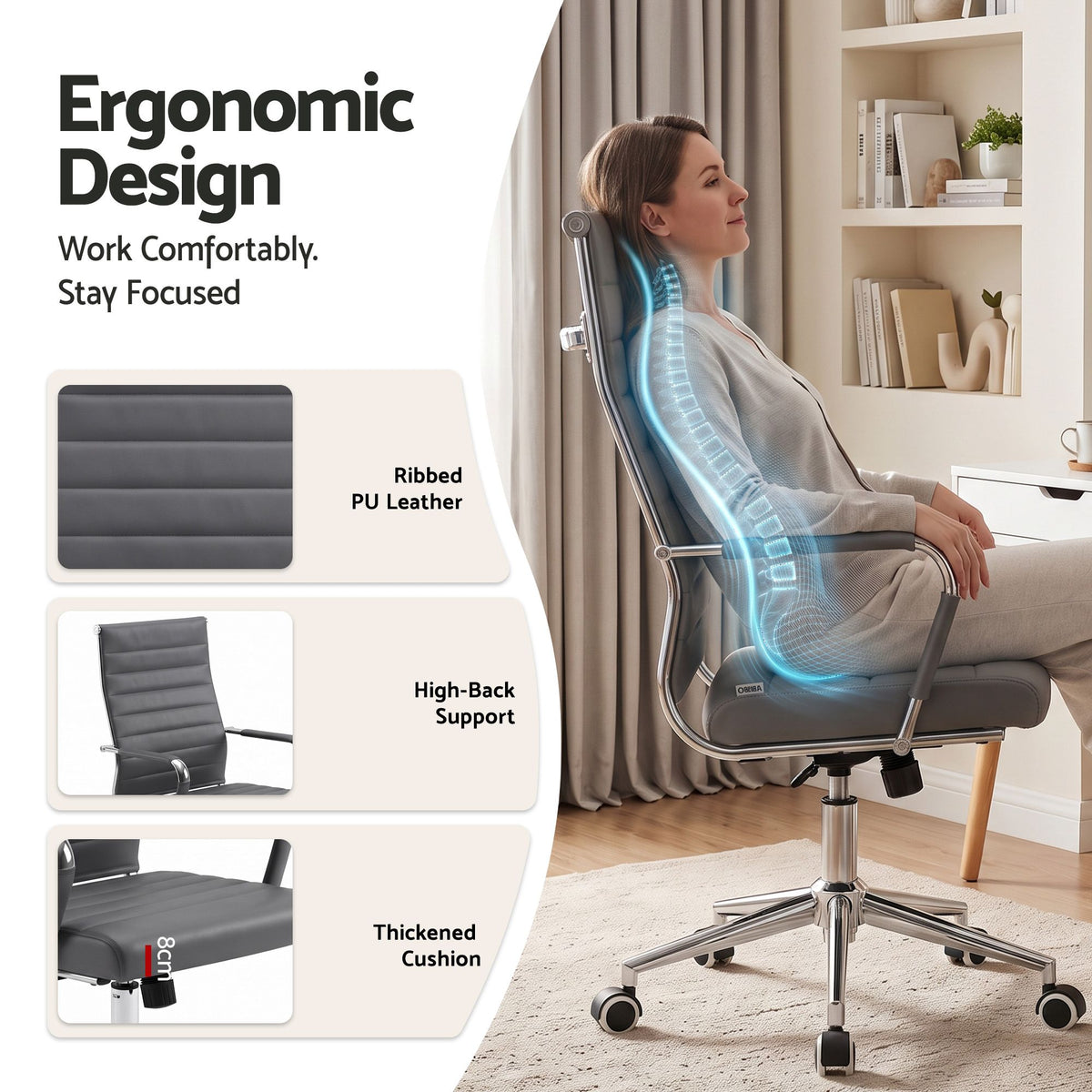 TWSC Ribbed High-Back Office Chair – Grey — seat, backrest and armrest detail infographic