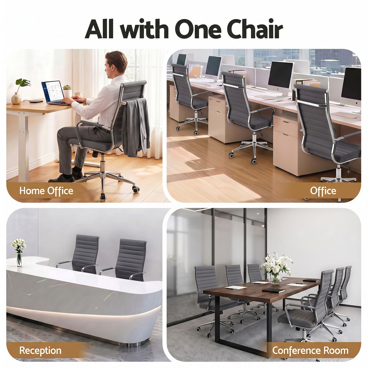 TWSC Ribbed High-Back Office Chair – Grey — collage of office and meeting-room settings