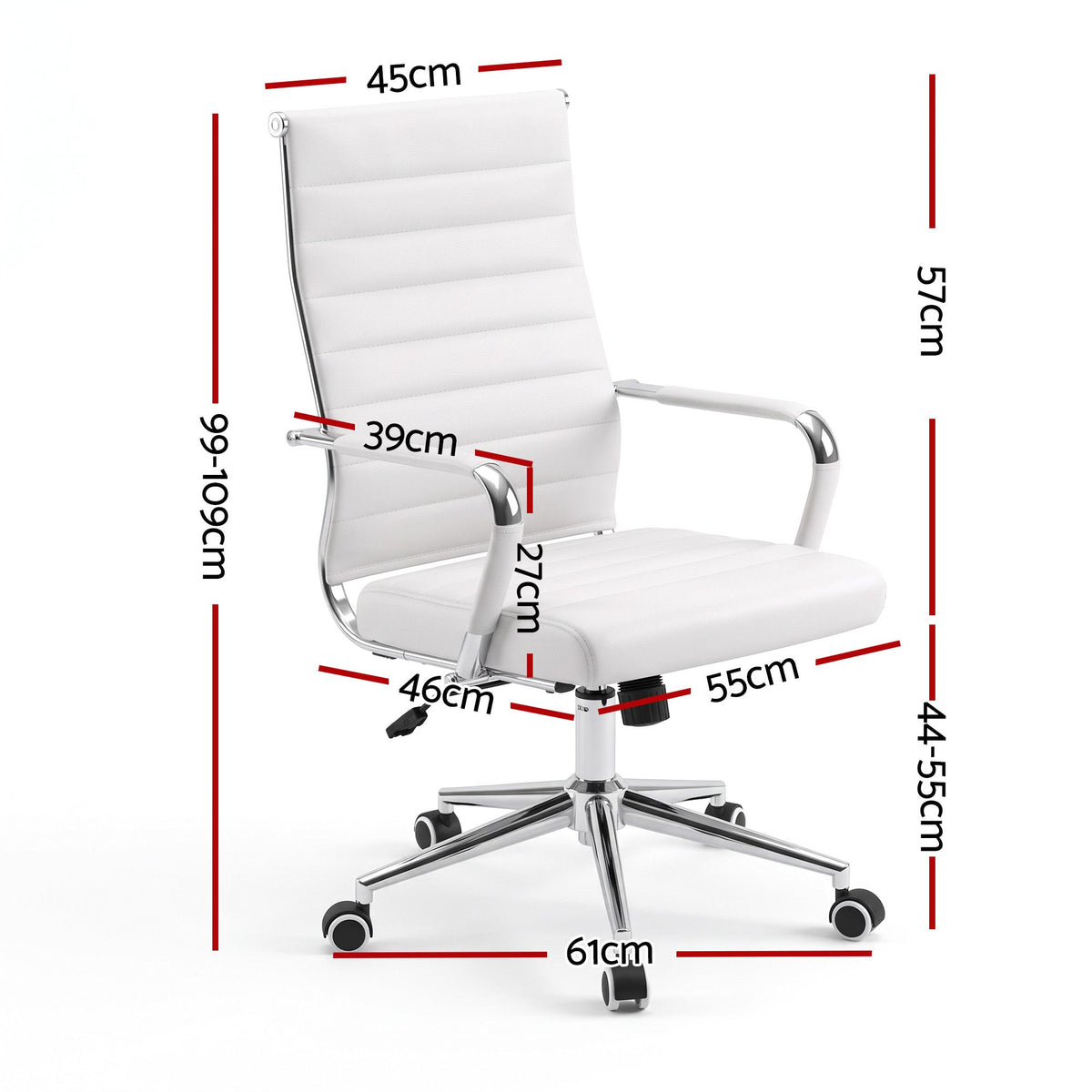 TWSC Ribbed High-Back Office Chair – White — seat-height and overall-dimension diagram