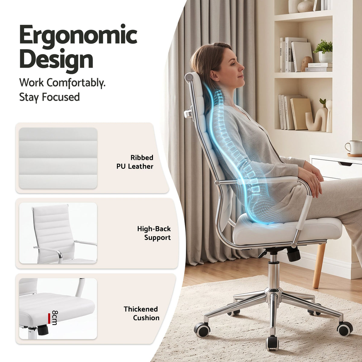 TWSC Ribbed High-Back Office Chair – White — seat, backrest and armrest detail infographic