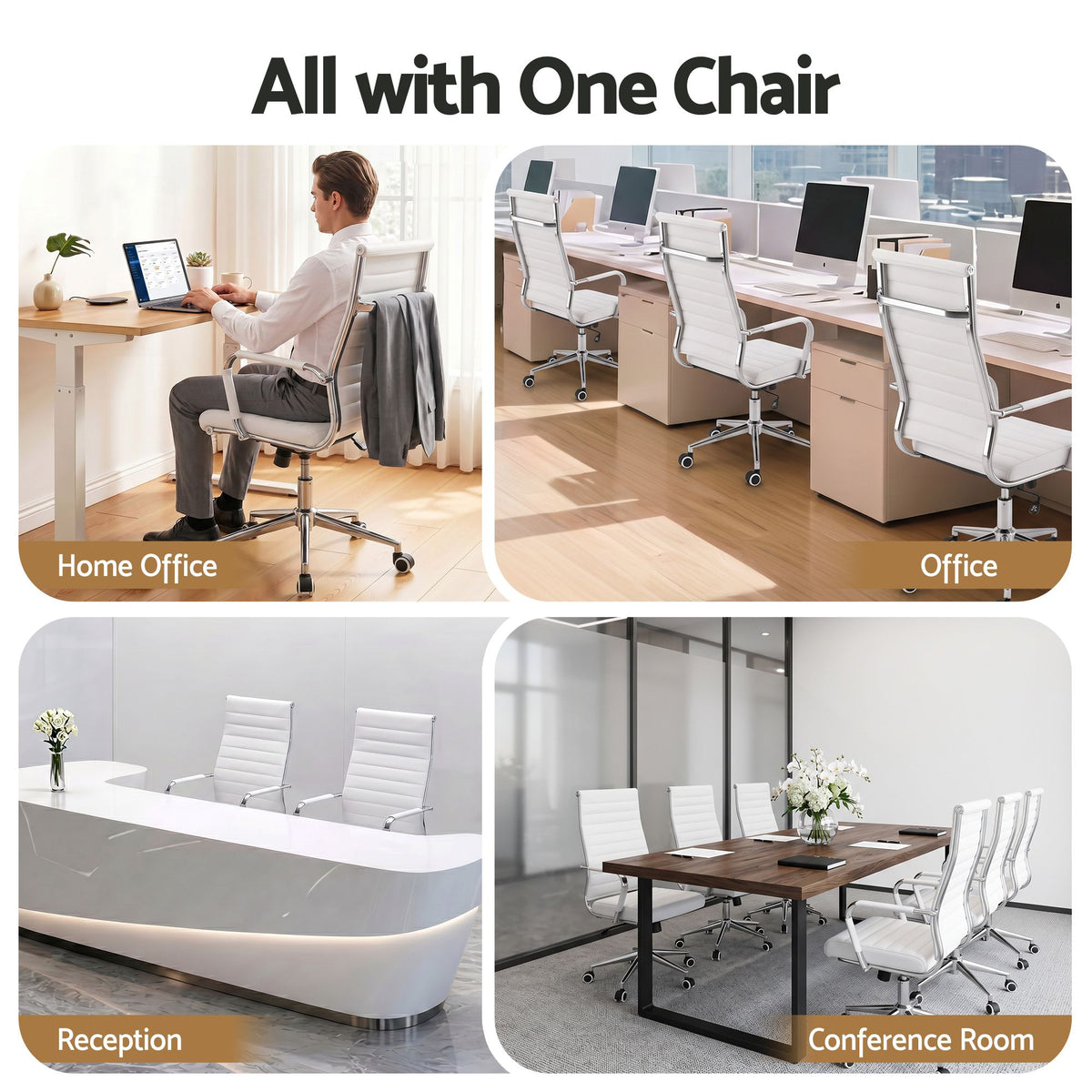 TWSC Ribbed High-Back Office Chair – White — collage of office and meeting-room settings