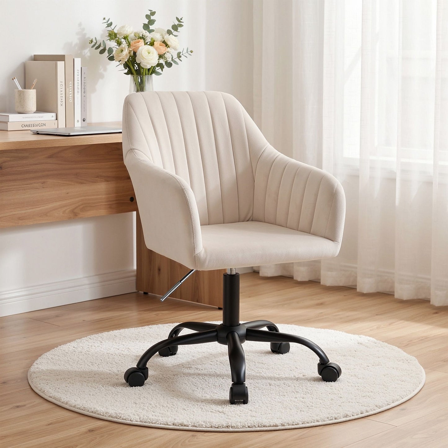 Cream velvet office chair with a cushioned seat and sleek design from The Willow Stone Collective, ideal for modern workspace comfort.