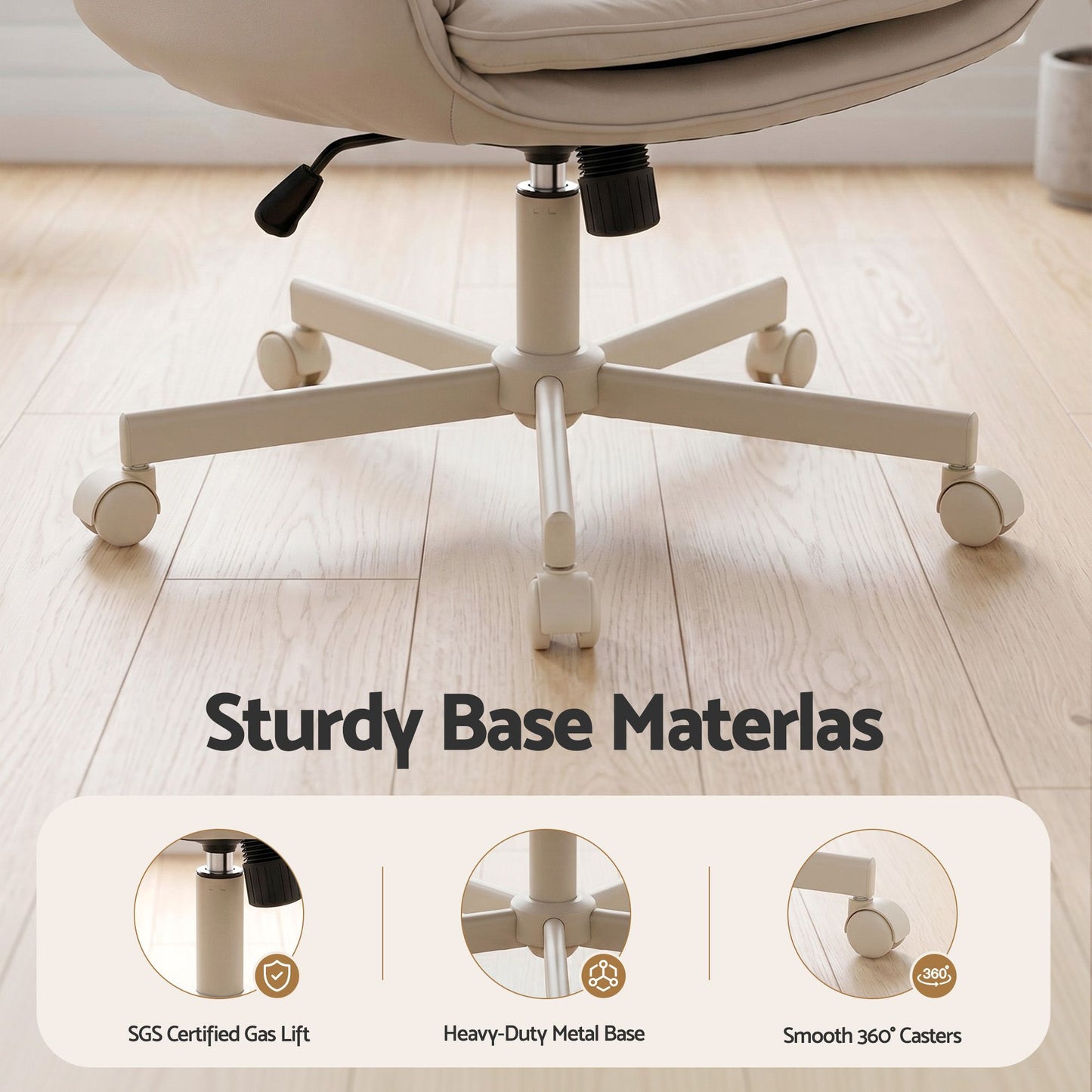 TWSC Criss Cross Chair with Wheels & Adjustable Armrests, Ergonomic Cross Legged Office Desk Chair PU Leather Vanity Chair Swivel for Home, Make Up, Bedroom, Computer, Beige