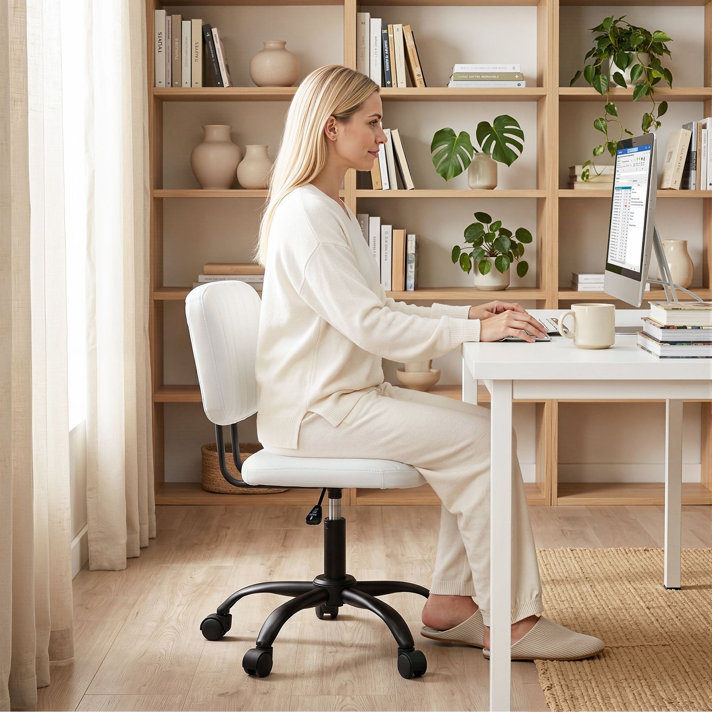 TWSC Armless Office Chair with Wheels, Ergonomic PU Leather Office Desk Chair, Height Adjustable 360° Swivel Computer Task Chair for Home Office, Study Room & Small Space, White