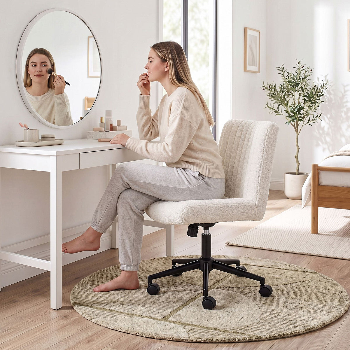 TWSC Armless Cross Legged Office Chair Wide Seat Vanity Chair Teddy Fleece Beige