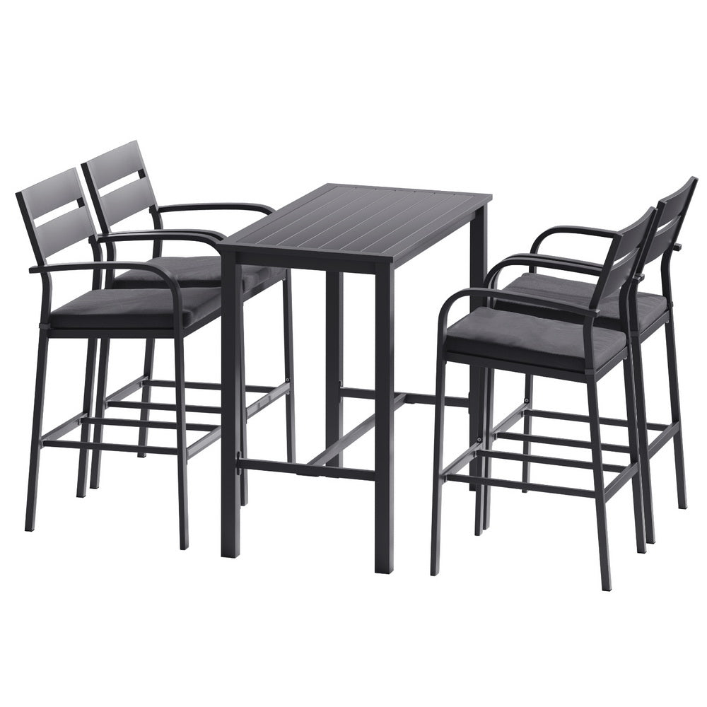 Gardeon outdoor 5-piece patio dining set with dark grey aluminum frame, includes table and chairs for outdoor dining.