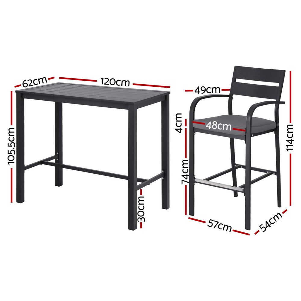 Gardeon 5-piece outdoor bar set with dark grey aluminum frame and seating for patio dining, including bar table and chairs.