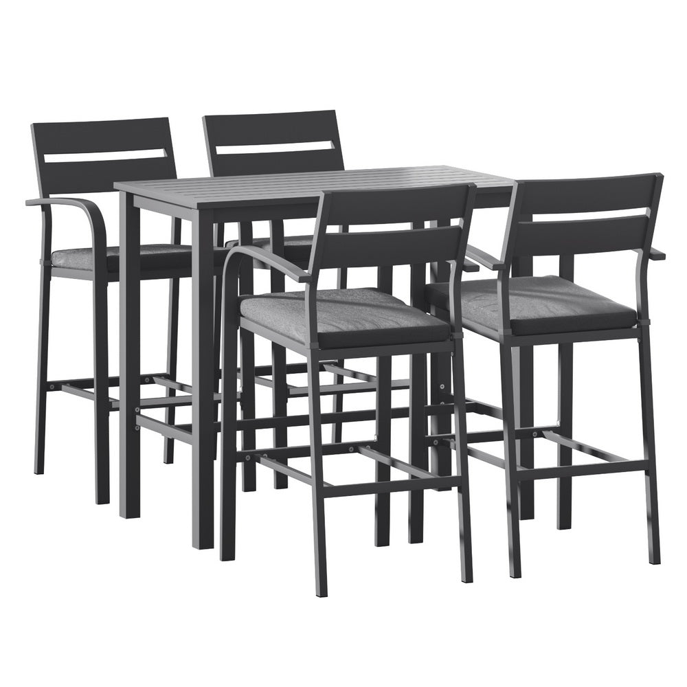 Gardeon outdoor 5-piece patio dining set with aluminum frame and dark grey finish, including table and four chairs for outdoor dining.