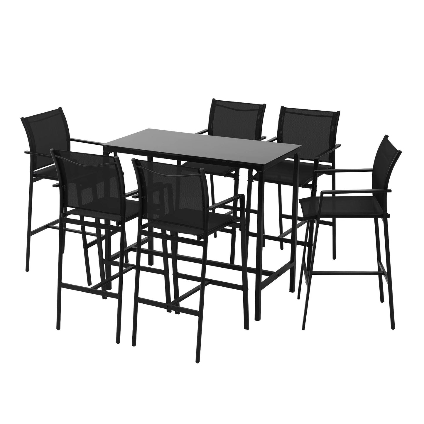 TWSC 7PCS Outdoor Bar Set Stools Dining Chairs Table Patio Steel Bistro Set Black