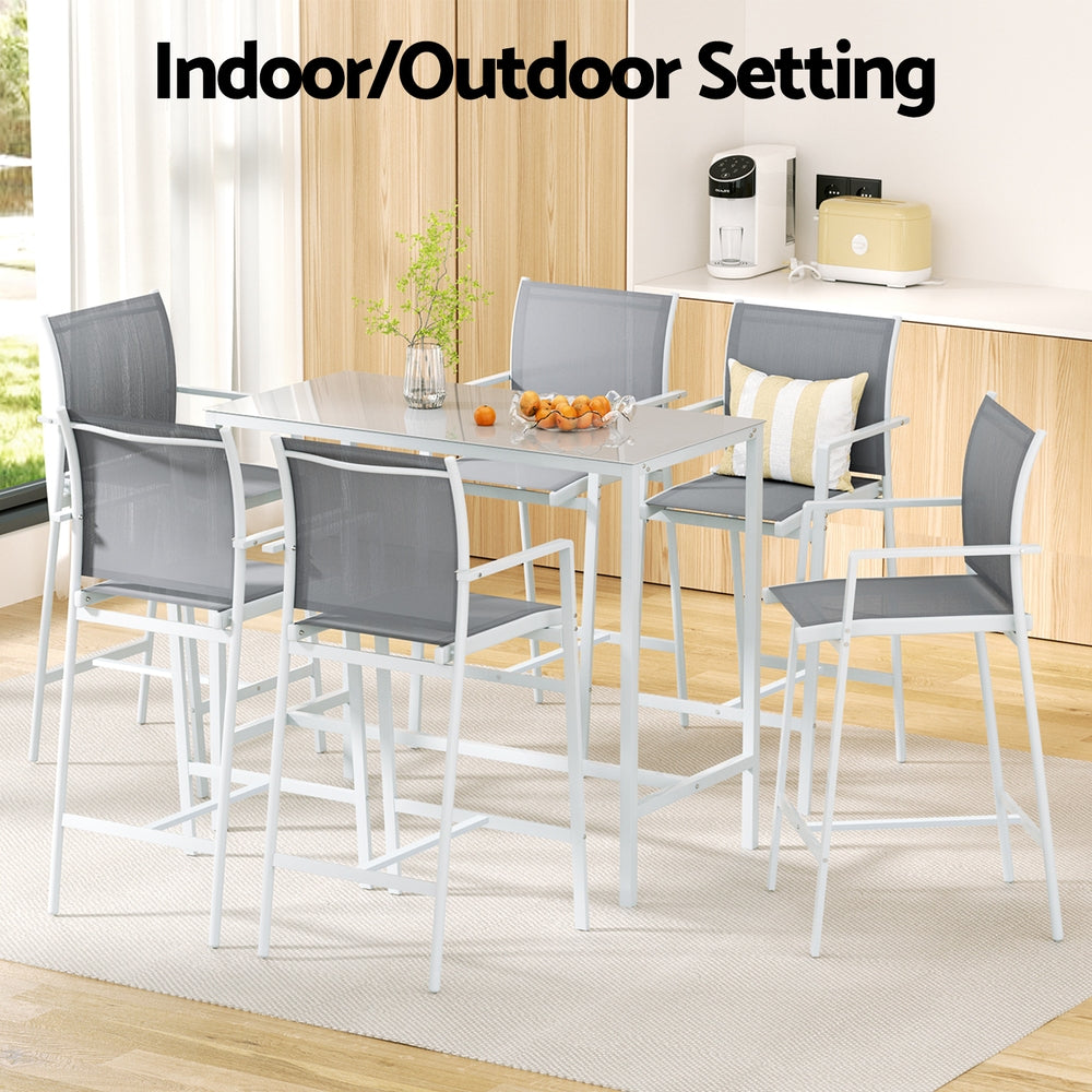7-Piece Outdoor Bar Set – Steel Frame, White Patio Bistro Table with Stools