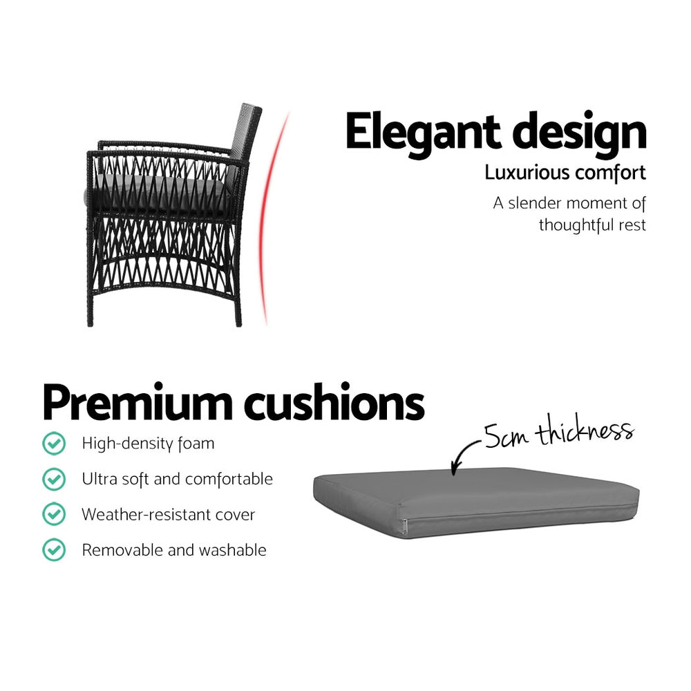 TWSC 3PC Outdoor Bistro Set Patio Furniture Wicker Dining Chairs Table Cushion Black