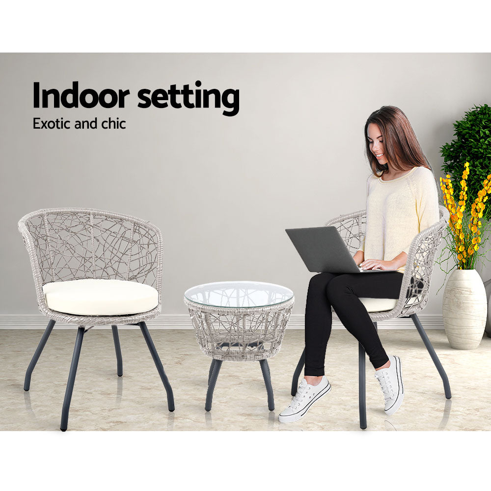 TWSC 3PC Bistro Set Outdoor Furniture Rattan Table Chairs Patio Garden Cushion Grey