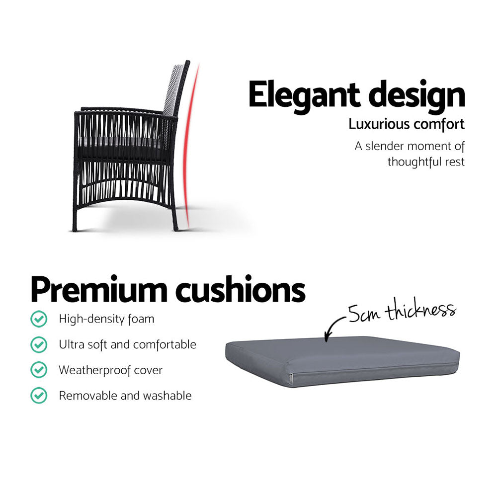 Set of two Gardeon Lyra outdoor dining chairs with weather-resistant wicker and grey cushions, perfect for outdoor dining areas.