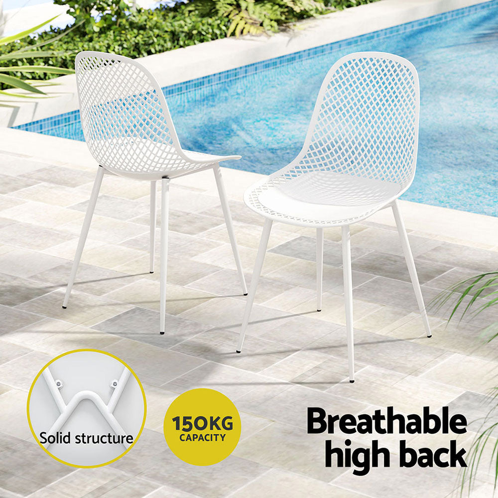 Set of four white outdoor dining chairs by Gardeon with water and UV resistant polypropylene frames, suitable for patio dining.