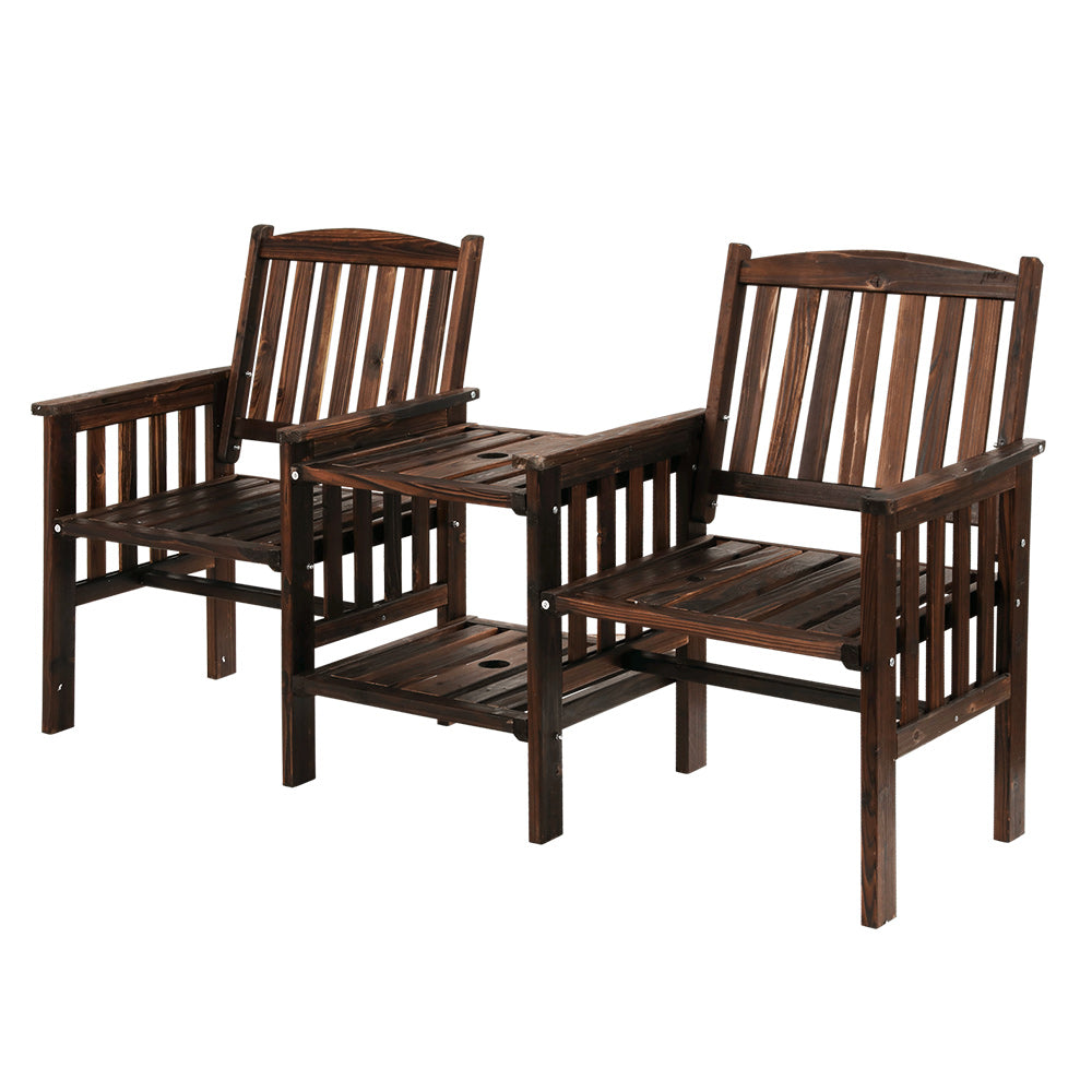 Outdoor Garden Loveseat Bench with Table – Charcoal Fir Wood Patio Furniture