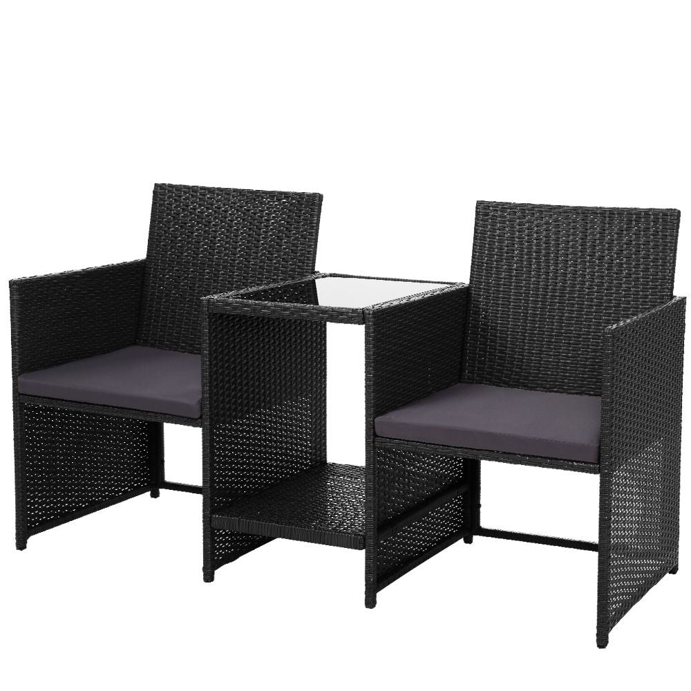 TWSC Outdoor Setting Wicker Loveseat Birstro Set Patio Garden Furniture Black