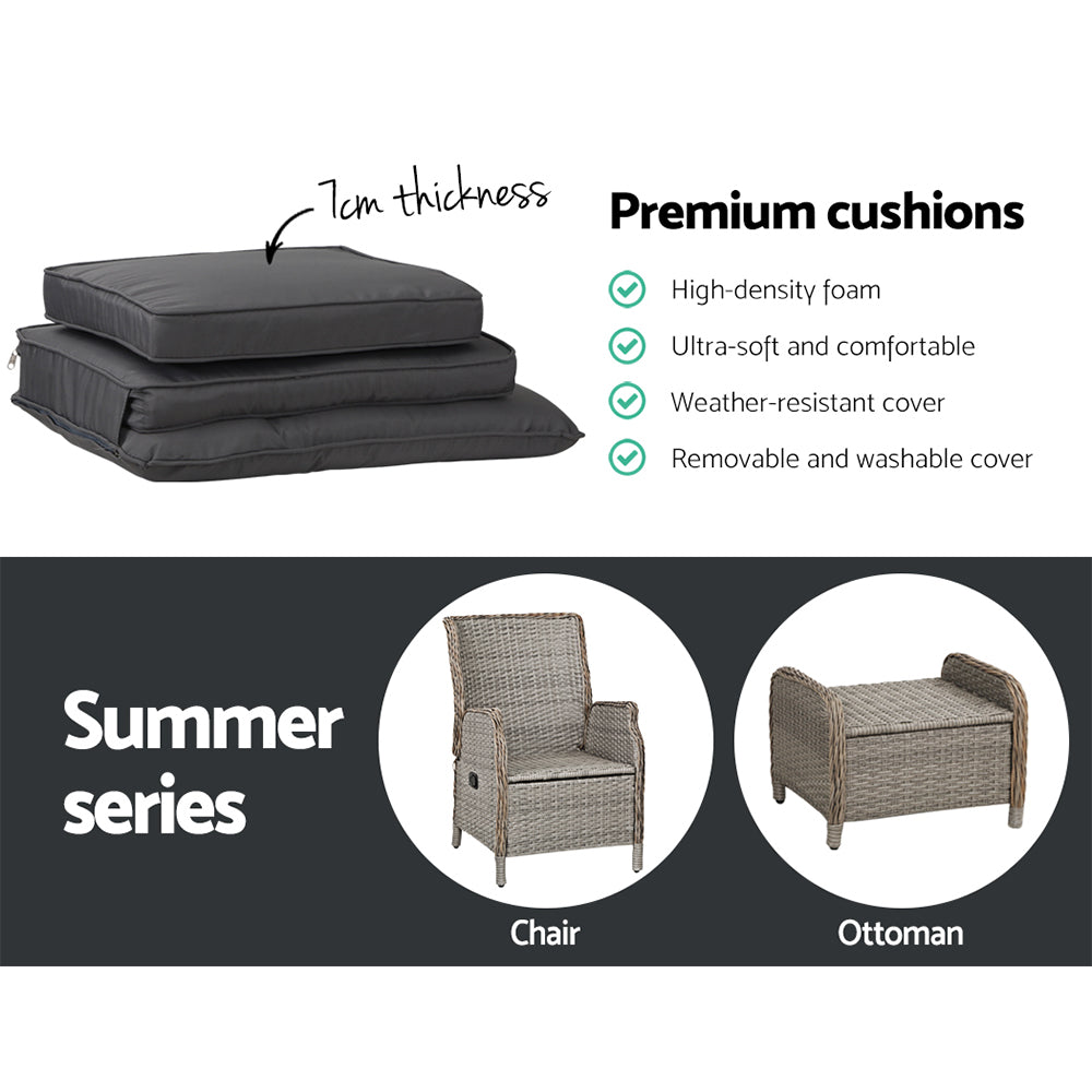 TWSC 5PC Recliner Chairs Table Sun lounge Wicker Outdoor Furniture Adjustable Grey