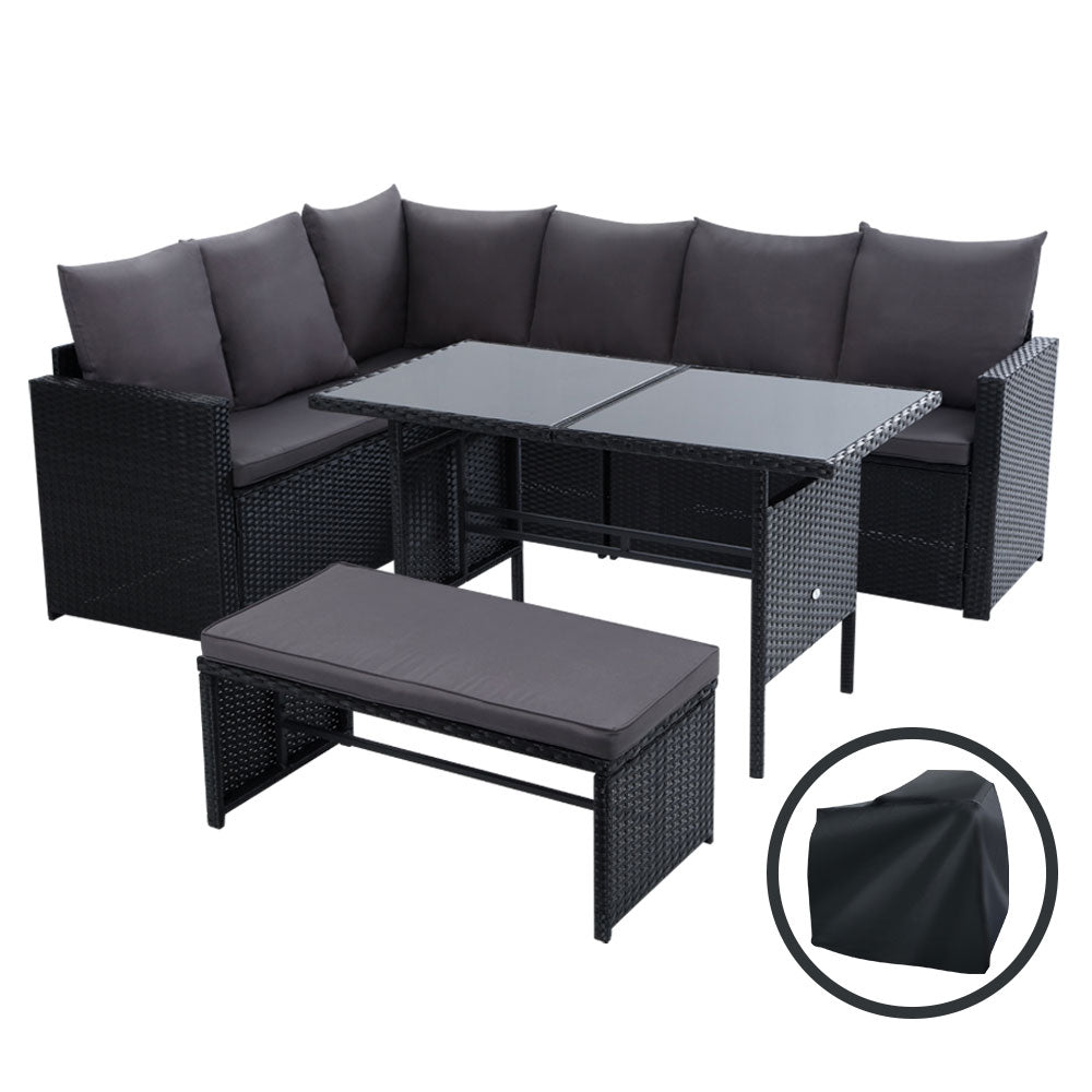 TWSC Outdoor Dining Set Sofa Lounge Setting Chairs Table Bench Black Cover