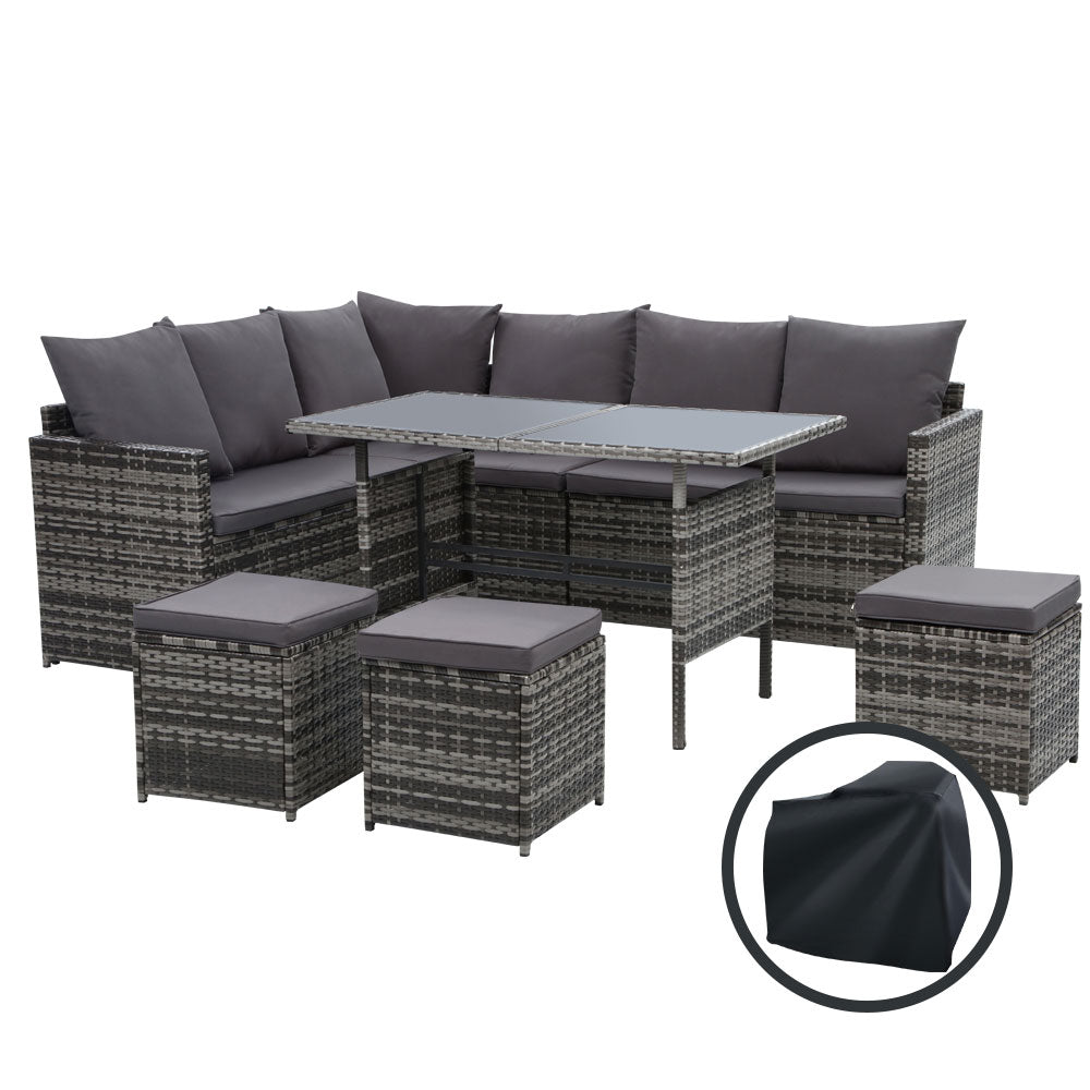TWSC Outdoor Dining Set Sofa Lounge Setting Chairs Table Ottoman Grey Cover