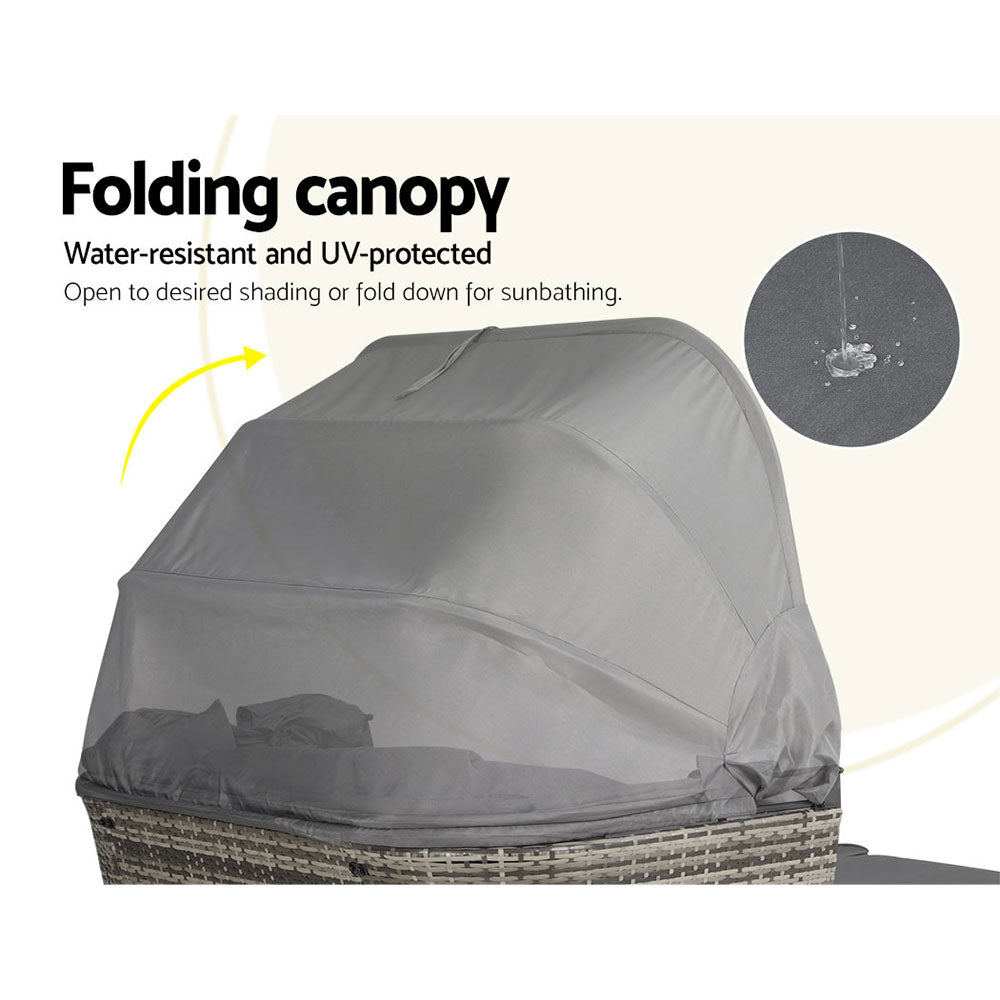 Outdoor Day Bed – Modular Wicker Sofa with Canopy, Grey