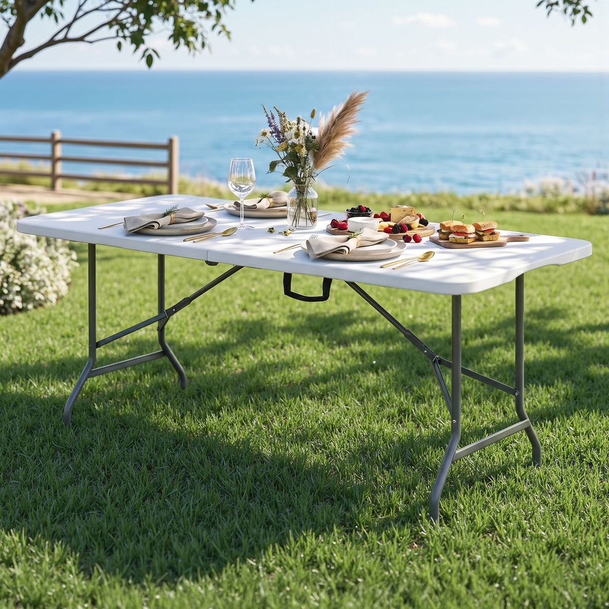 TWSC 180cm Folding Table Portable Fold-in-Half with Handle Camping Picnic
