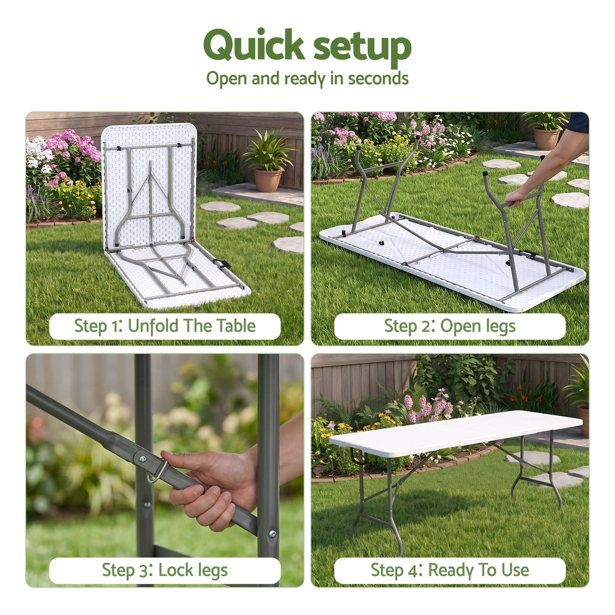 TWSC 180cm Folding Table Portable Fold-in-Half with Handle Camping Picnic