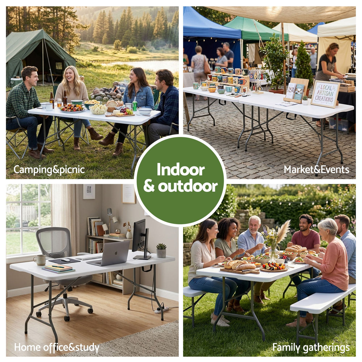 TWSC 180cm Folding Table Portable Fold-in-Half with Handle Camping Picnic