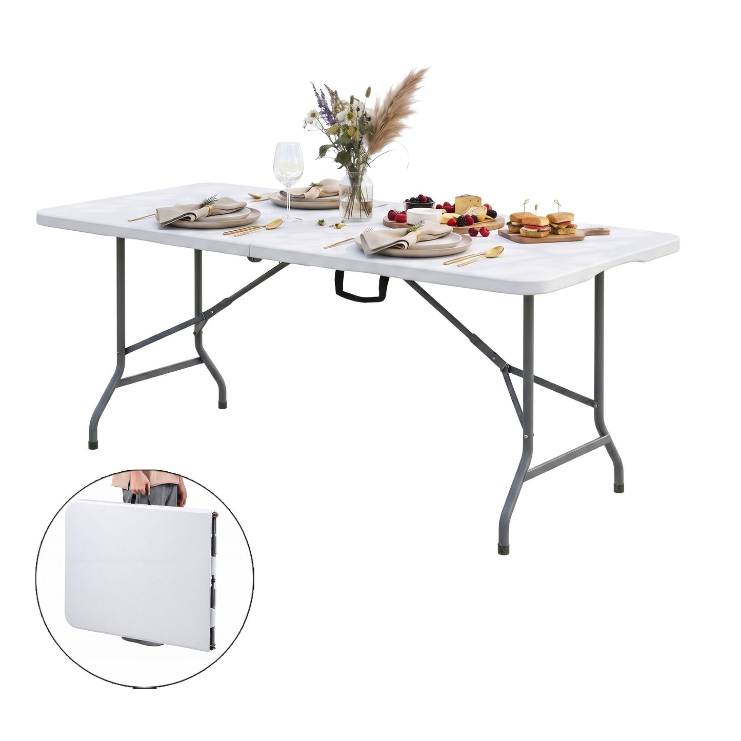 TWSC 180cm Folding Table Portable Fold-in-Half with Handle Camping Picnic