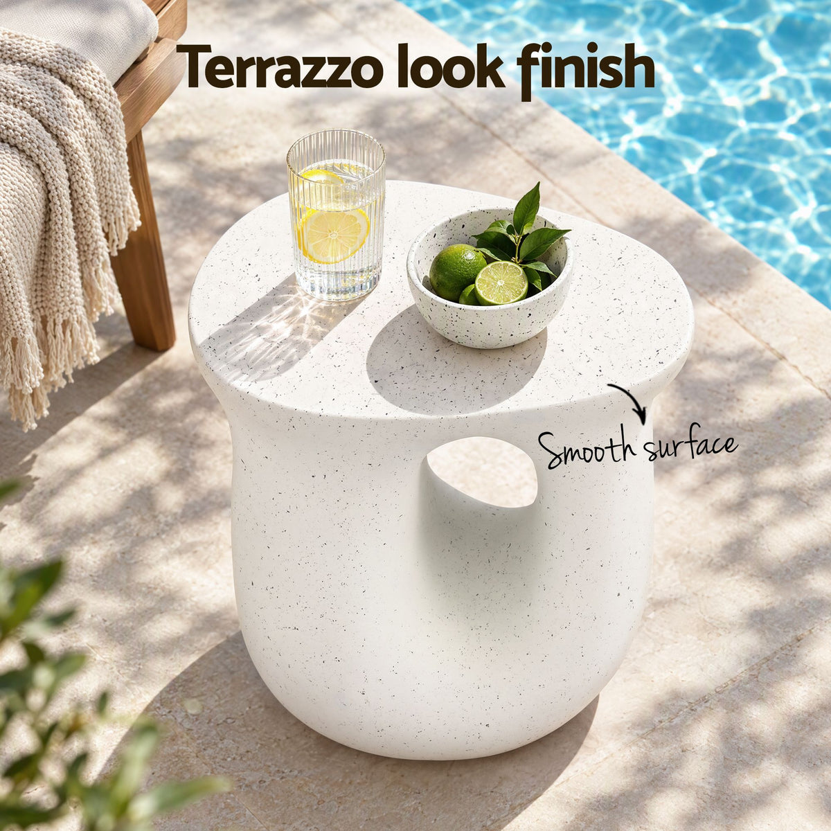 TWSC Arch Outdoor Side Table – White Stone Look — top-surface close-up with finish callout