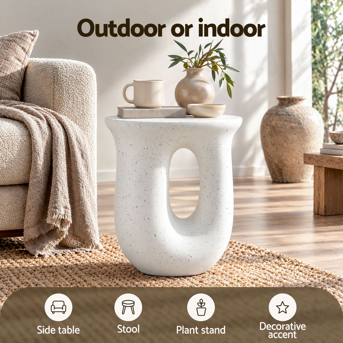 TWSC Arch Outdoor Side Table – White Stone Look — indoor styling scene with use icons