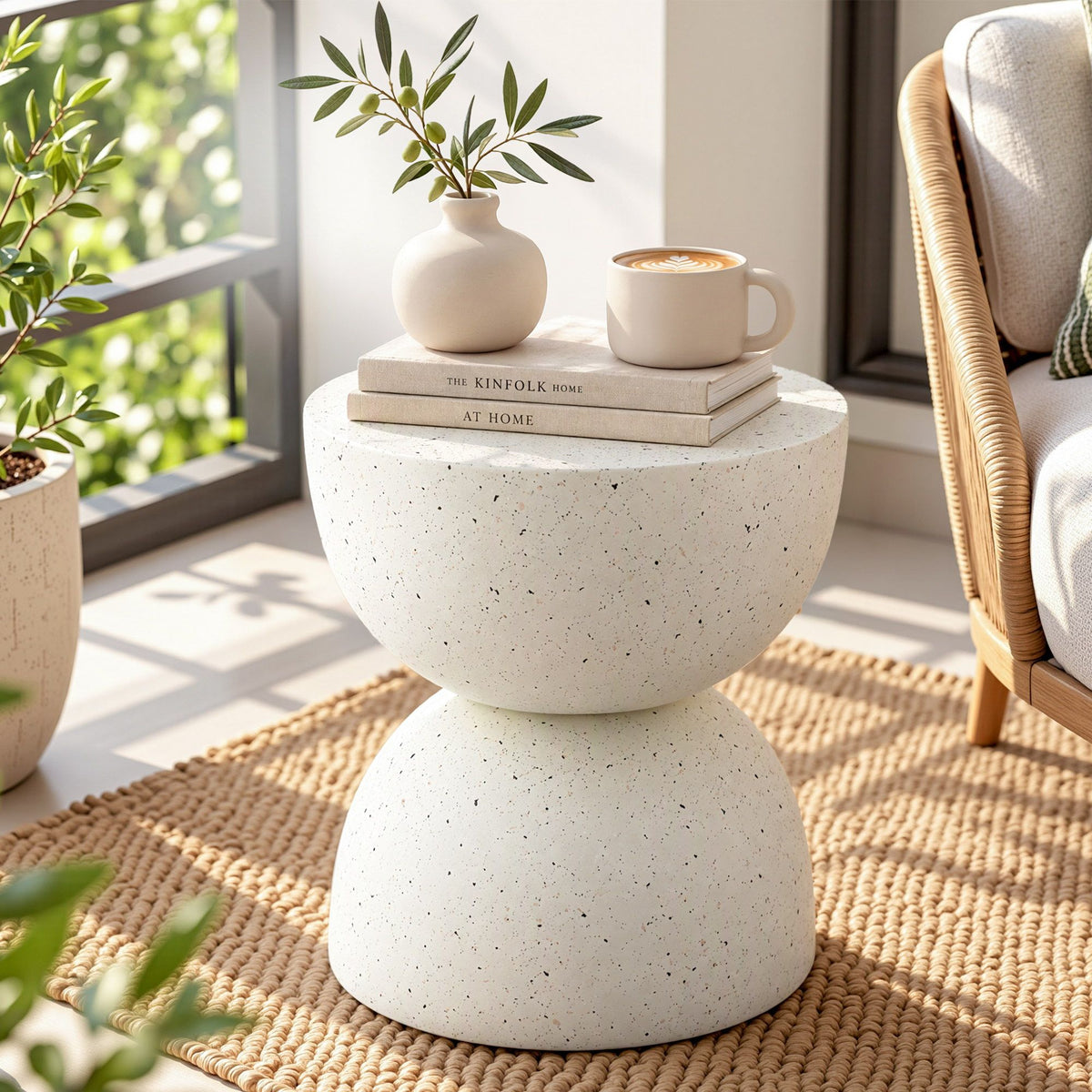 TWSC Hourglass Outdoor Side Table – White Terrazzo Look — white sculptural side table styled beside seating