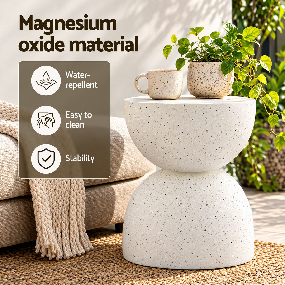TWSC Hourglass Outdoor Side Table – White Terrazzo Look — material feature infographic with a styled tabletop