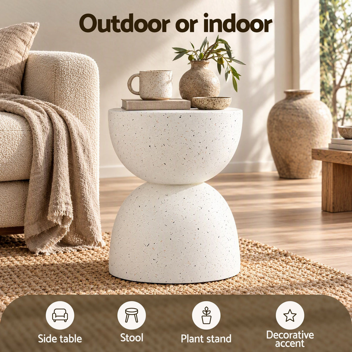 TWSC Hourglass Outdoor Side Table – White Terrazzo Look — indoor styling scene with use icons