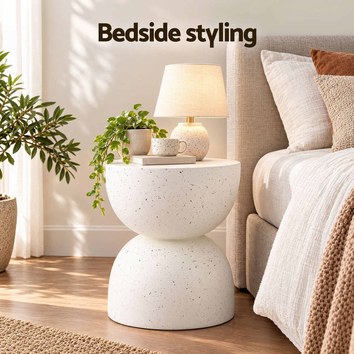 TWSC Hourglass Outdoor Side Table – White Terrazzo Look — bedside table styling with feature heading